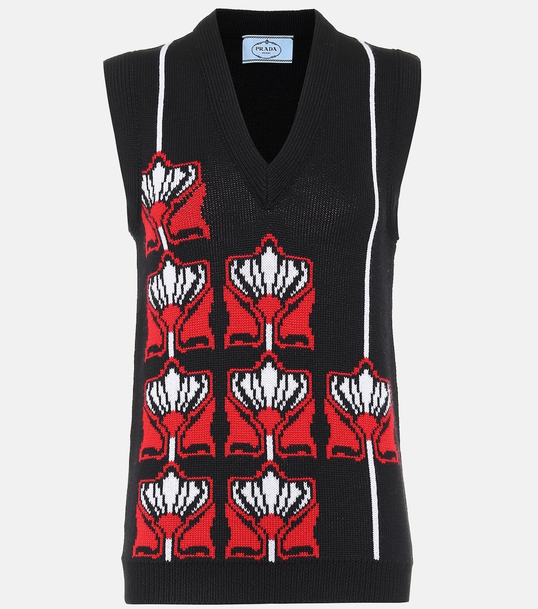 Вязаный жилет с цветочной интарсией Prada, Black+Red
Вязаный жилет с цветочной интарсией Prada, Black+Red