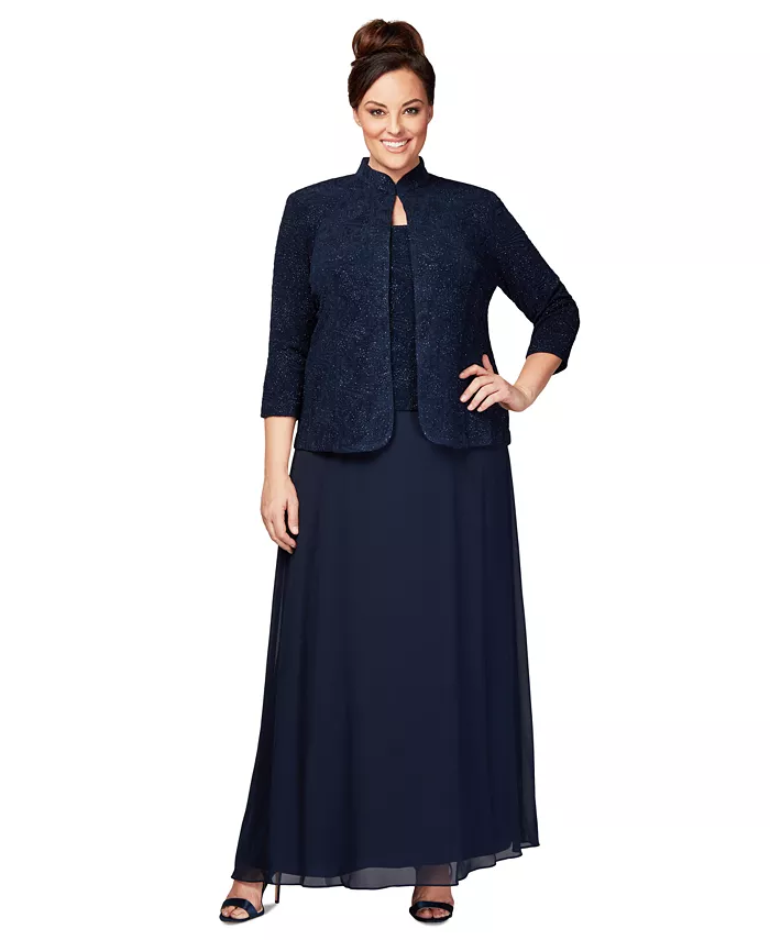 Блестящая куртка больших размеров и платье А-силуэта Alex Evenings, синий
Блестящая куртка больших размеров и платье А-силуэта Alex Evenings, синий