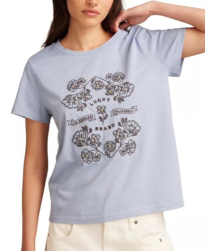 Женская хлопковая футболка с зеркальной вышивкой цветов Lucky Brand, синий
Женская хлопковая футболка с зеркальной вышивкой цветов Lucky Brand, синий