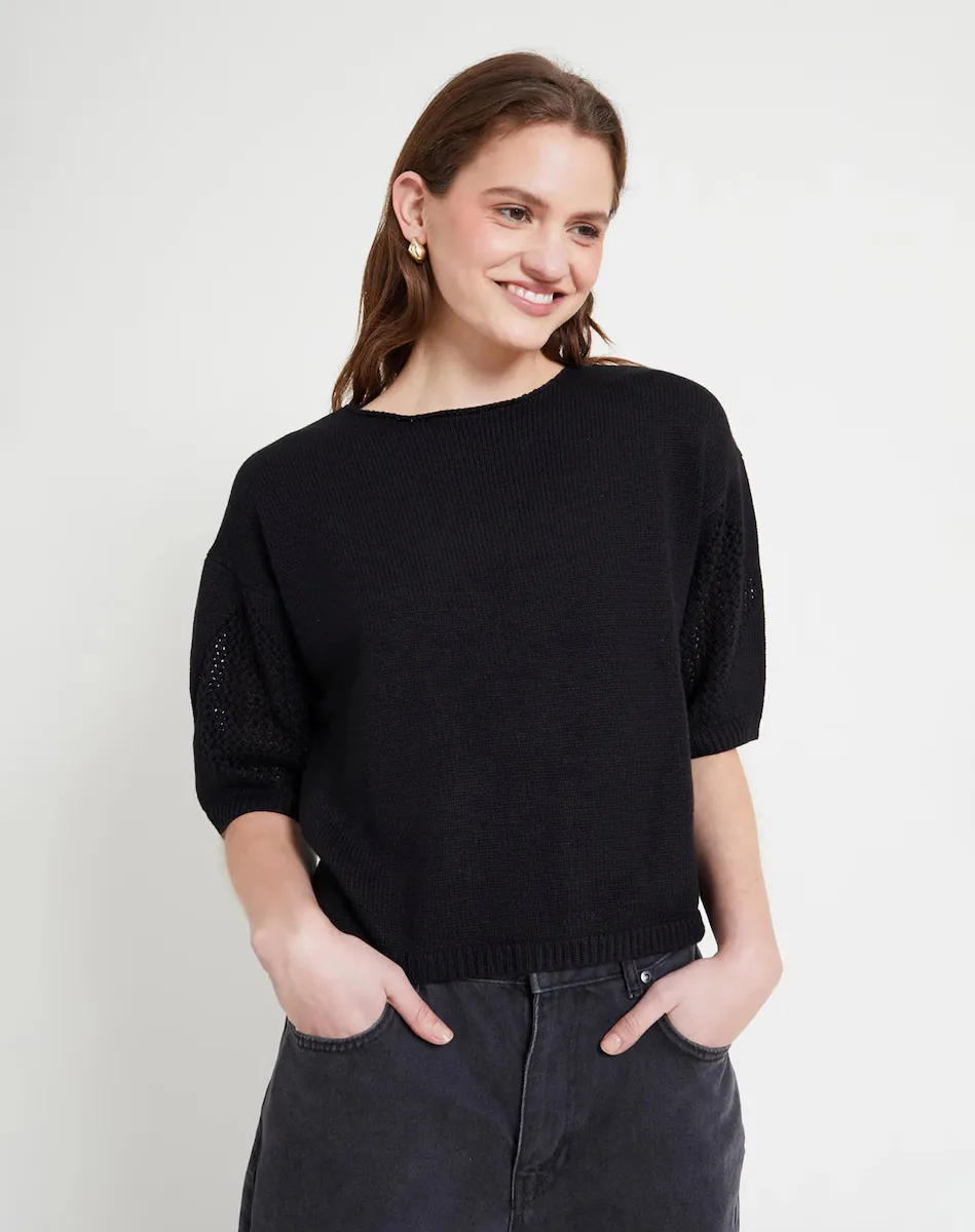 Женский ажурный свитер с короткими рукавами Naf Naf, черный
Женский ажурный свитер с короткими рукавами Naf Naf, черный