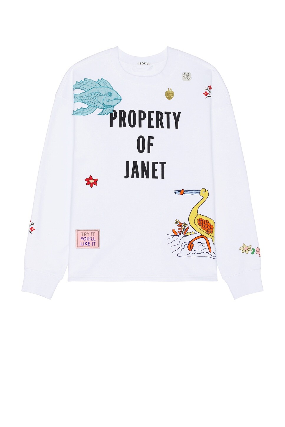 Свитер мужской Property Of Janet Crewneck Bode, белый 
Свитер мужской Property Of Janet Crewneck Bode, белый