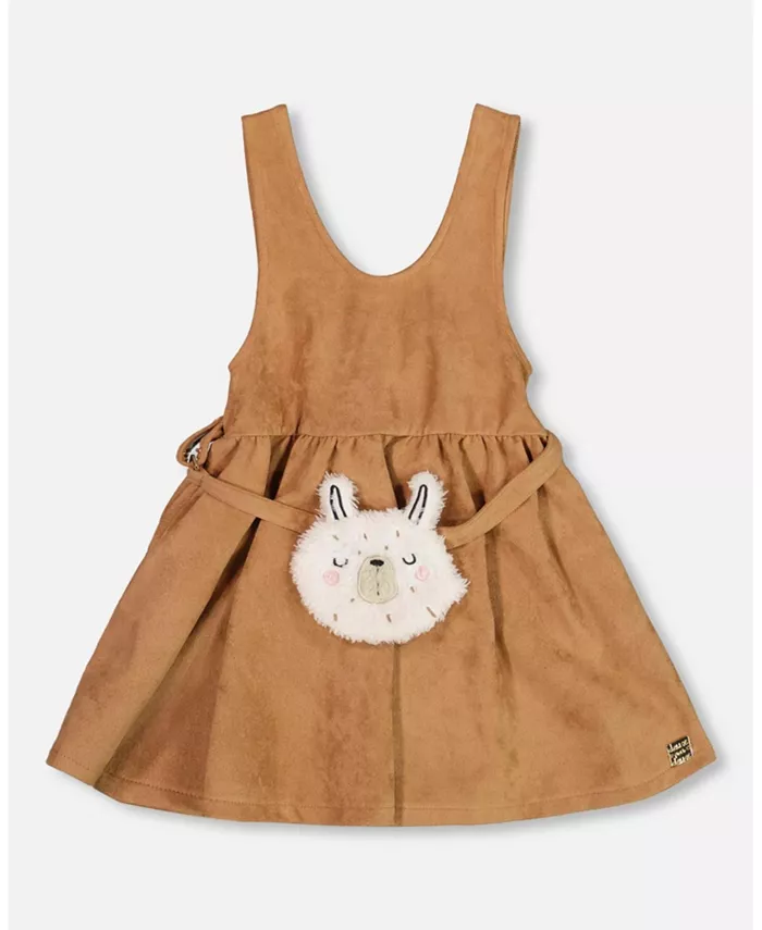 Джемпер для девочки из эластичной замши светло-коричневого цвета с пеканом и сумкой из ламы – детский Deux par Deux, коричневый 
Джемпер для девочки из эластичной замши светло-коричневого цвета с пеканом и сумкой из ламы – детский Deux par Deux, коричневый