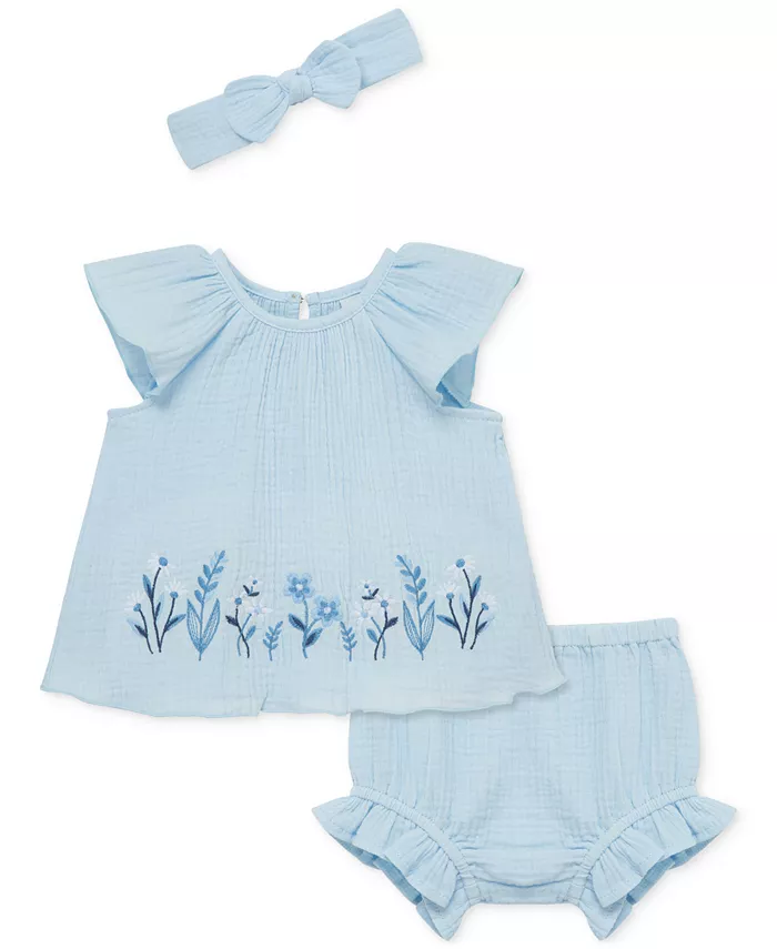 Комплект для девочки: 3 предмета (сарафан и повязка на голову) с вышивкой цветов из шифона, модель Sunsuit & Headband Set Little Me, синий
Комплект для девочки: 3 предмета (сарафан и повязка на голову) с вышивкой цветов из шифона, модель Sunsuit & Headband Set Little Me, синий