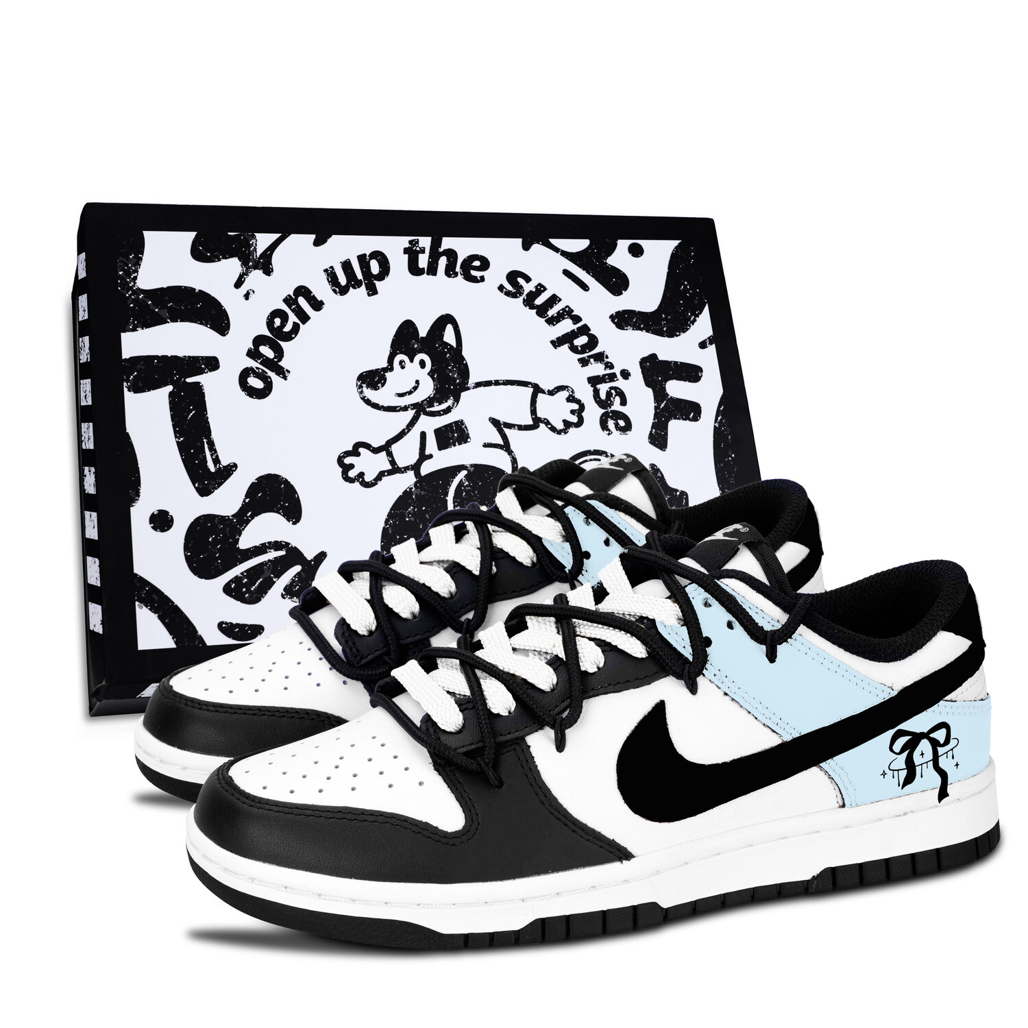 Nike Dunk Black White, Soft Blue Butterfly Knot Leather Slip Resistant Abrasion Resistant Low top Skateboard Shoes Blue
Nike Dunk Black White, Soft Blue Butterfly Knot Leather Slip Resistant Abrasion Resistant Low top Skateboard Shoes Blue