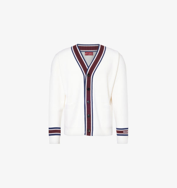 Шерстяной кардиган свободного кроя с V-образным вырезом в полоску Gucci, белый
Шерстяной кардиган свободного кроя с V-образным вырезом в полоску Gucci, белый