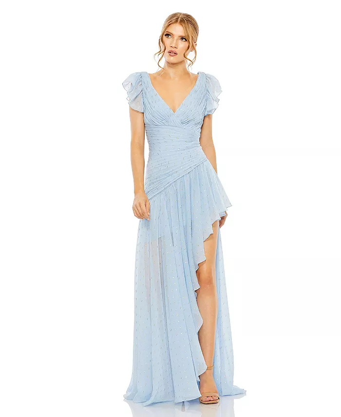 Женское асимметричное платье со сборками и рукавами-крылышками Mac Duggal, синий 
Женское асимметричное платье со сборками и рукавами-крылышками Mac Duggal, синий