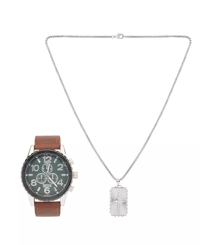 Мужские аналоговые часы 48 мм с черным полиуретановым кожаным ремешком и ожерельем с подвеской, подарочный набор American Exchange, коричневый
Мужские аналоговые часы 48 мм с черным полиуретановым кожаным ремешком и ожерельем с подвеской, подарочный набор American Exchange, коричневый