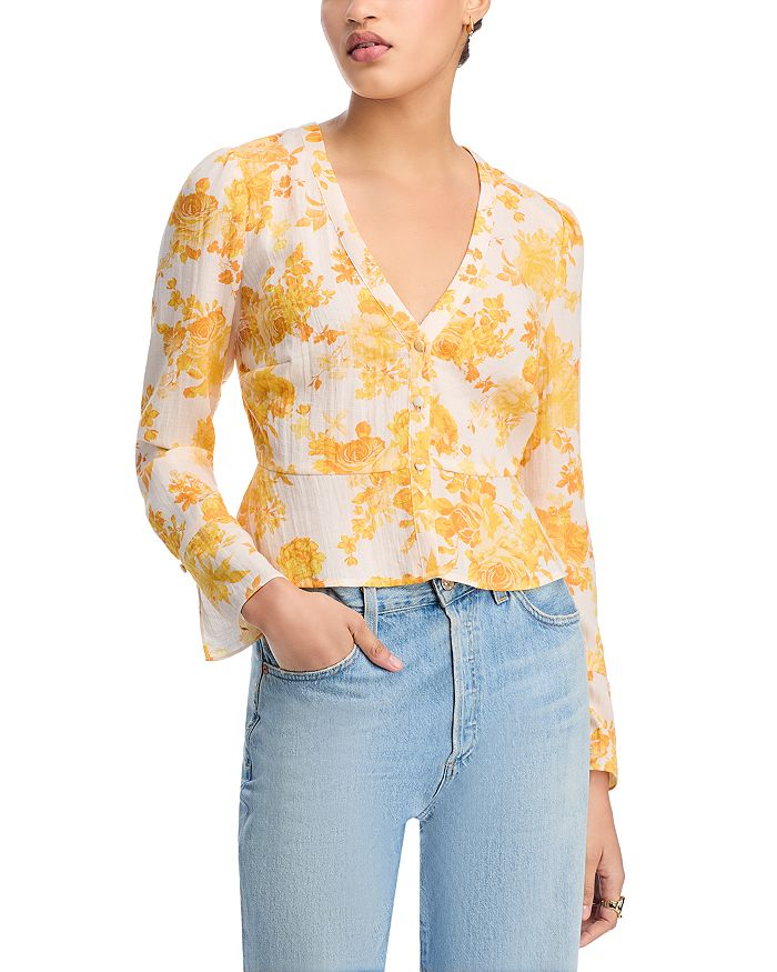 Мягкая блуза с печатным принтом и плиссированной баской - эксклюзивная модель AQUA, желтый 
Мягкая блуза с печатным принтом и плиссированной баской - эксклюзивная модель AQUA, желтый