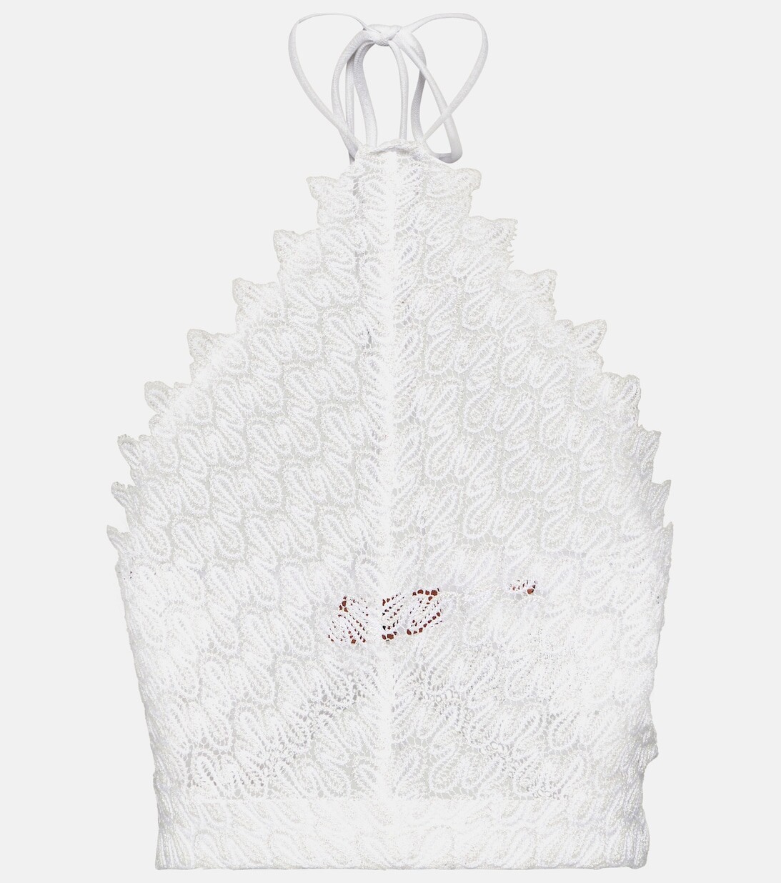 Вязаный крючком укороченный топ с вырезом халтер Missoni, белый
Вязаный крючком укороченный топ с вырезом халтер Missoni, белый