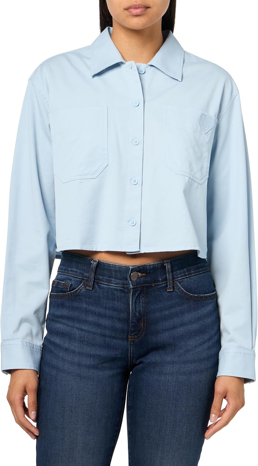 HUGO Женская укороченная рубашка на пуговицах с логотипом в виде сердца, Baby Blue
HUGO Женская укороченная рубашка на пуговицах с логотипом в виде сердца, Baby Blue