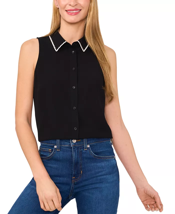 Женский топ без рукавов с воротником-фестоном и застежкой на пуговицы CeCe, черный
Женский топ без рукавов с воротником-фестоном и застежкой на пуговицы CeCe, черный