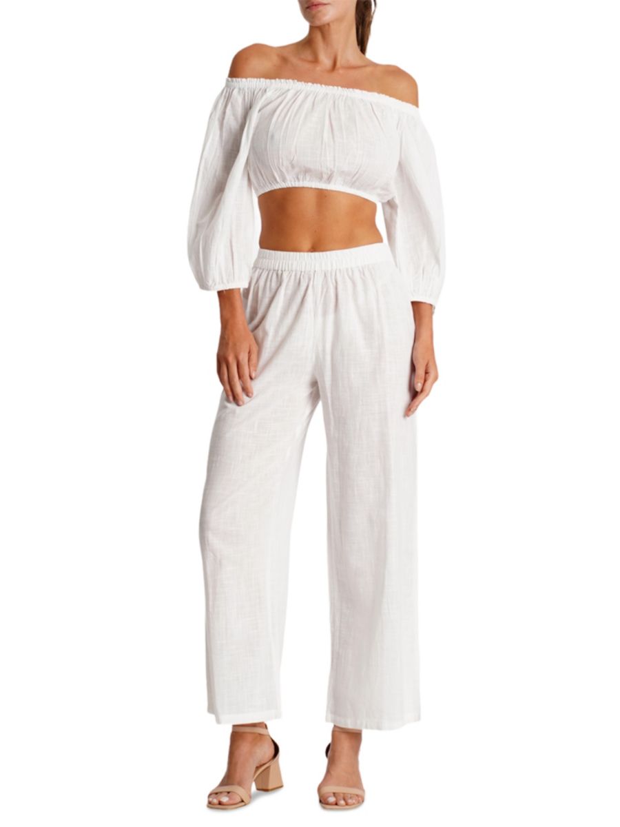 Комплект из укороченного топа с открытыми плечами и широких брюк La Moda Clothing, белый
Комплект из укороченного топа с открытыми плечами и широких брюк La Moda Clothing, белый