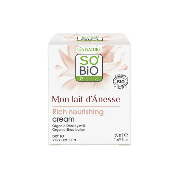 Бархатистый питательный крем для лица с ослиным молоком, 50 мл So'Bio Etic 
Бархатистый питательный крем для лица с ослиным молоком, 50 мл So'Bio Etic