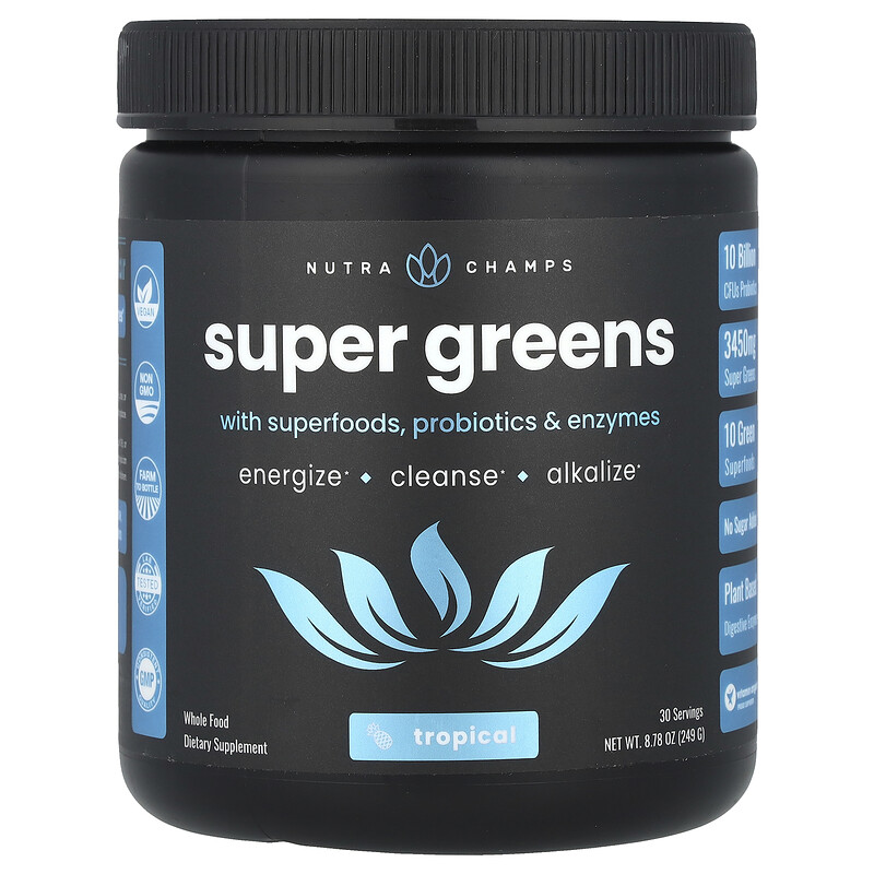 NutraChamps, Super Greens, с суперпродуктами, пробиотиками и ферментами, тропические фрукты, 249 г (8,87 унции) 
NutraChamps, Super Greens, с суперпродуктами, пробиотиками и ферментами, тропические фрукты, 249 г (8,87 унции)