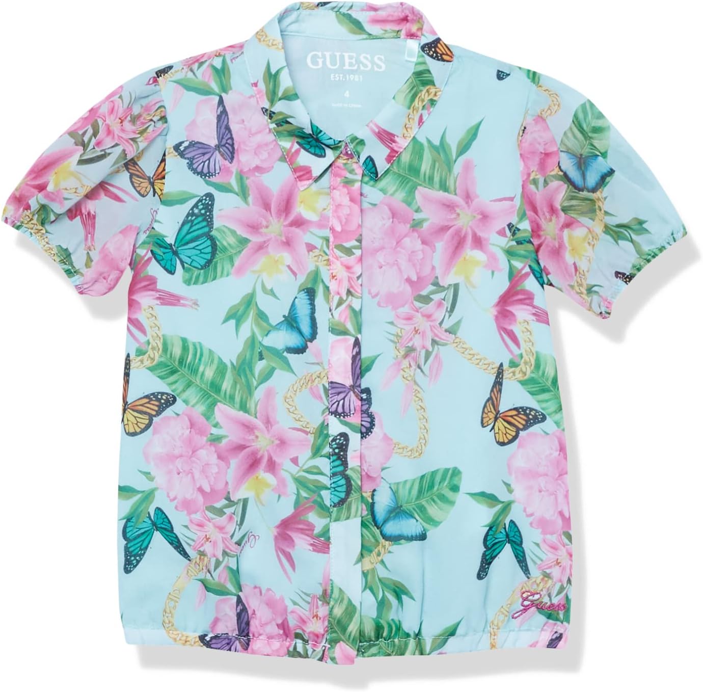 GUESS Girls' All Over Print Chiffon Snap Front Shirt, Green Floral Butterfly Combo
GUESS Girls' All Over Print Chiffon Snap Front Shirt, Green Floral Butterfly Combo