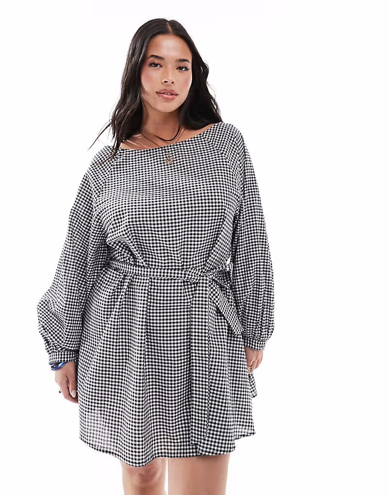 Эксклюзивное мини-пляжное платье Esmee Curve с рукавами три четверти в черно-белую клетку