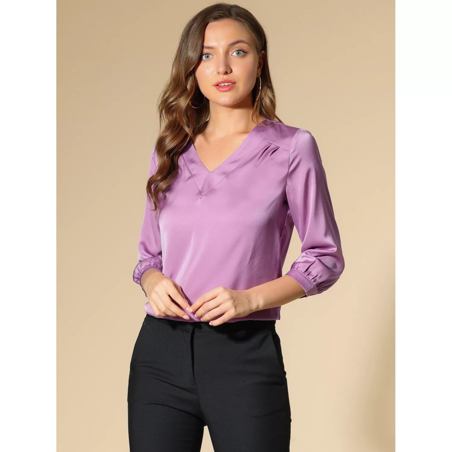 Женские повседневные атласные блузки для офисной работы с V-образным вырезом и рукавами 3/4 ALLEGRA K
Женские повседневные атласные блузки для офисной работы с V-образным вырезом и рукавами 3/4 ALLEGRA K