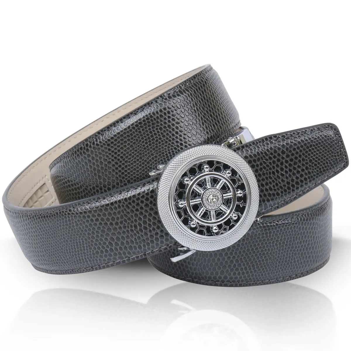 Кожаный ремень Anthoni Crown с вращающимся рулем и элегантной текстурой поверхности, серый 
Кожаный ремень Anthoni Crown с вращающимся рулем и элегантной текстурой поверхности, серый