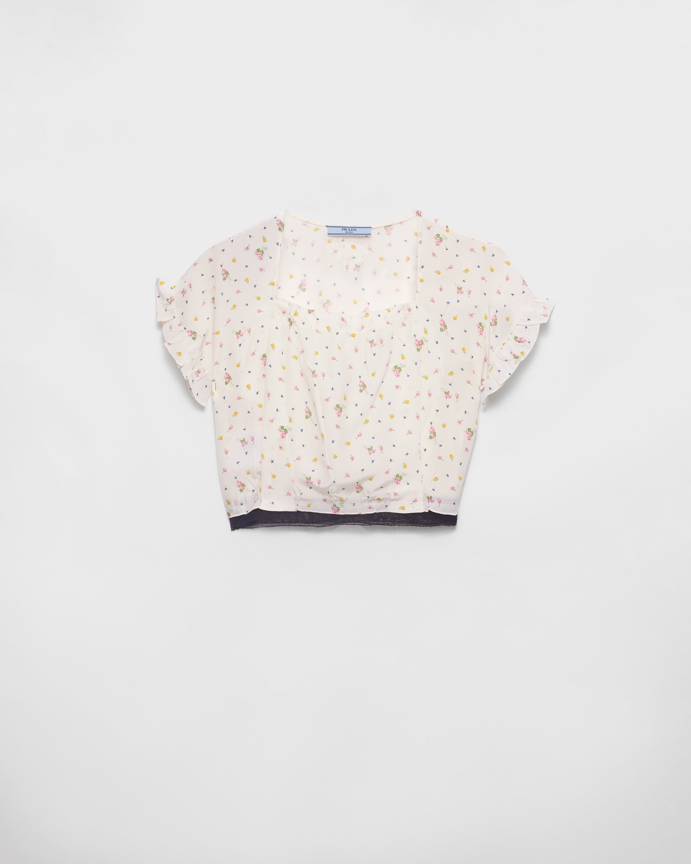 Укороченный топ из понже с цветочным принтом и короткими рукавами Prada, белый
Укороченный топ из понже с цветочным принтом и короткими рукавами Prada, белый