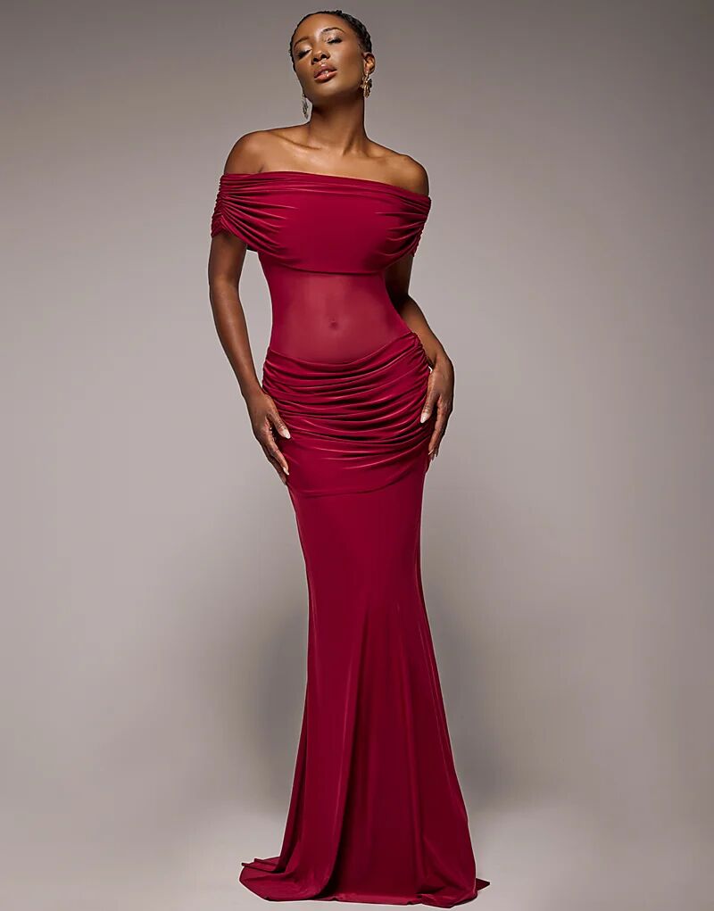 Платье макси Goddiva со сборками на плечах и сетчатой вставкой на талии, винного цвета
Платье макси Goddiva со сборками на плечах и сетчатой вставкой на талии, винного цвета