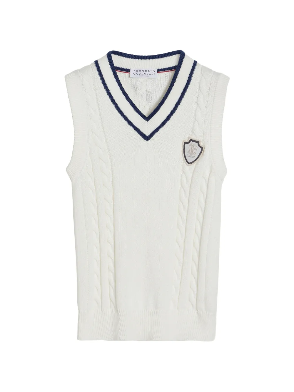 Хлопковый трикотажный жилет с косами и логотипом Brunello Cucinelli Kids, белый
Хлопковый трикотажный жилет с косами и логотипом Brunello Cucinelli Kids, белый