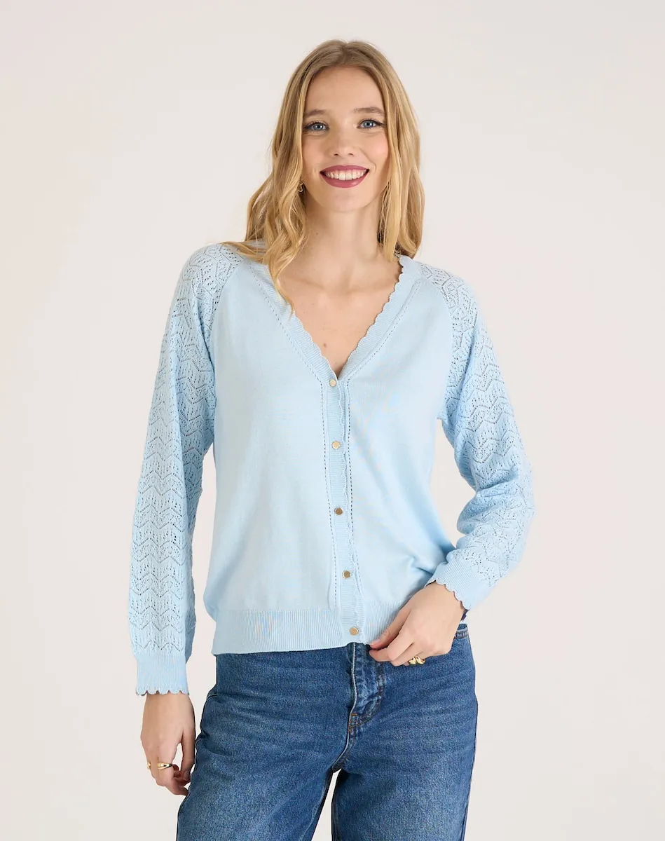 Женский кардиган с застежкой на пуговицы и ажурными рукавами Naf Naf, голубой
Женский кардиган с застежкой на пуговицы и ажурными рукавами Naf Naf, голубой