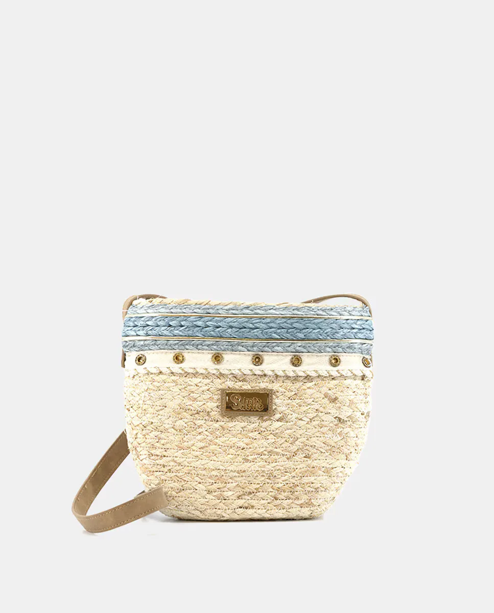 Маленькая сумочка из кукурузных листьев в сочетании с люверсами и рафией Simó Sastre, синий 
Маленькая сумочка из кукурузных листьев в сочетании с люверсами и рафией Simó Sastre, синий