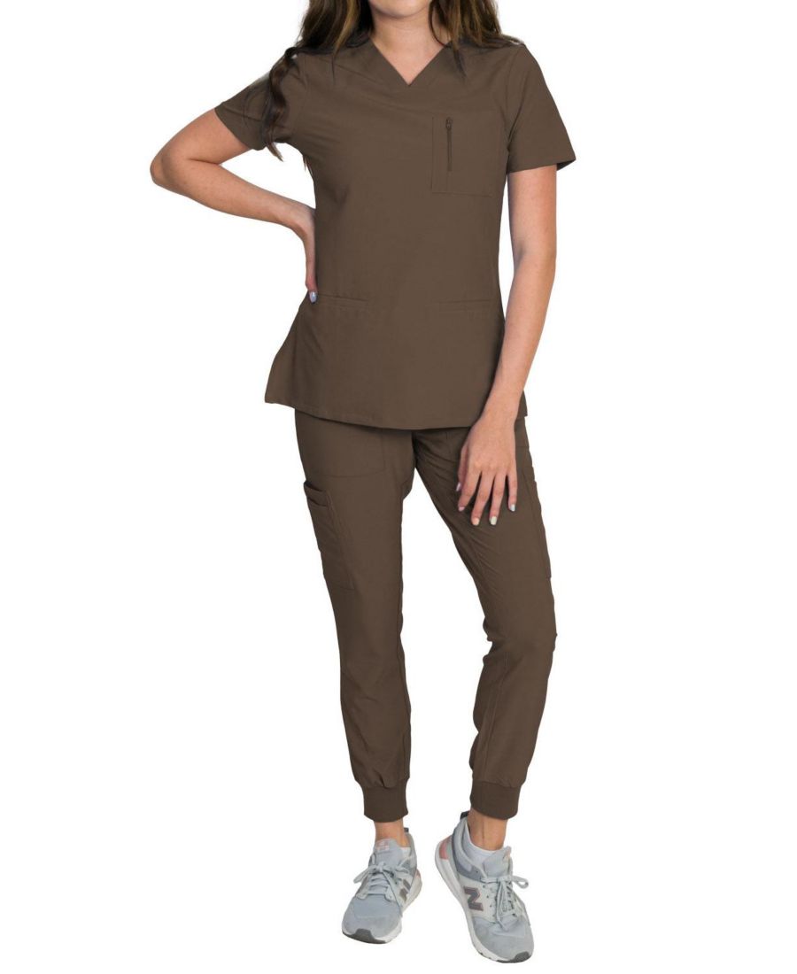 Женский медицинский комплект Fleur Stretch с топом на молнии с нагрудным карманом и джоггерами с трикотажными ребристыми манжетами Medgear, Espresso
Женский медицинский комплект Fleur Stretch с топом на молнии с нагрудным карманом и джоггерами с трикотажными ребристыми манжетами Medgear, Espresso