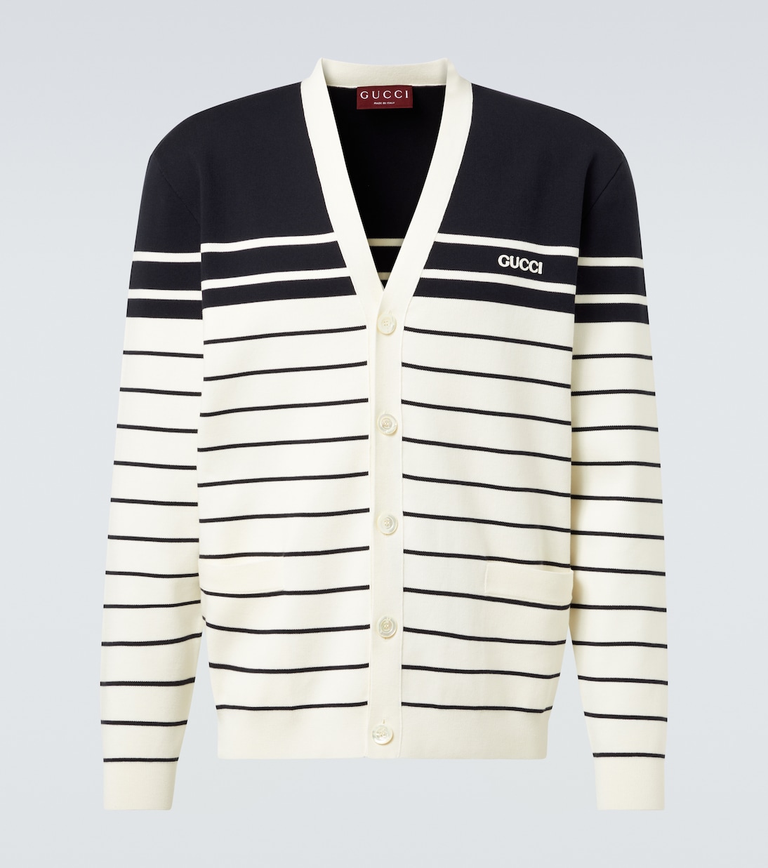 Полосатый хлопковый кардиган Gucci, Whiye/Navy/Mc
Полосатый хлопковый кардиган Gucci, Whiye/Navy/Mc