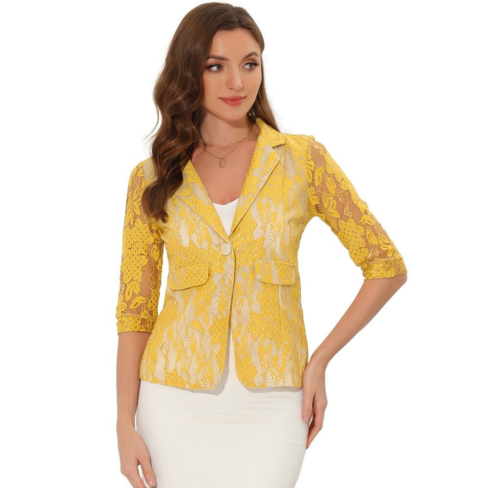 Женские деловые повседневные блейзеры с цветочным кружевом и рукавами 3/4 на одной пуговице Элегантные костюмы-блейзеры ALLEGRA K, желтый 
Женские деловые повседневные блейзеры с цветочным кружевом и рукавами 3/4 на одной пуговице Элегантные костюмы-блейзеры ALLEGRA K, желтый