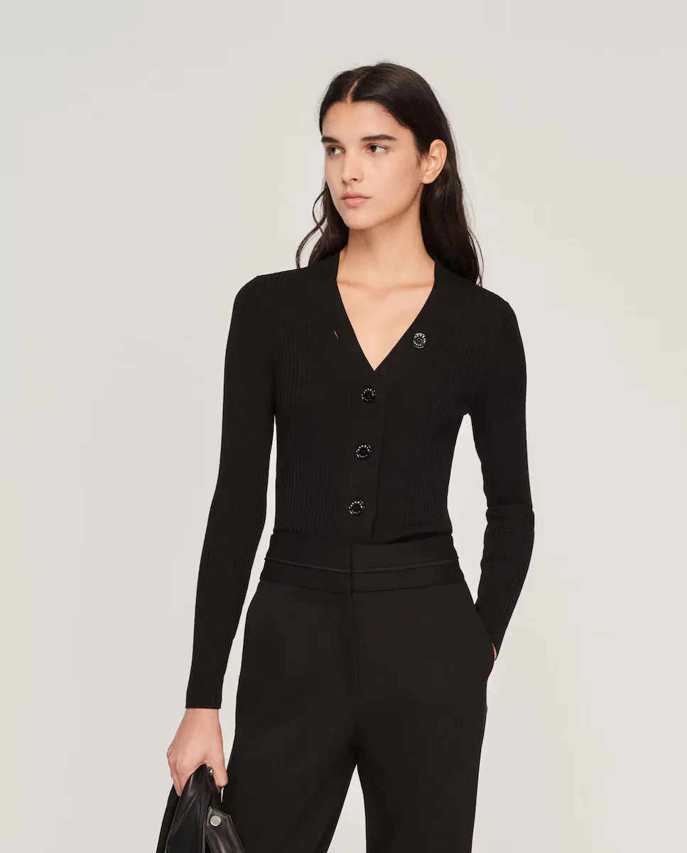 Женский кардиган тонкой вязки в рубчик Sandro, черный
Женский кардиган тонкой вязки в рубчик Sandro, черный