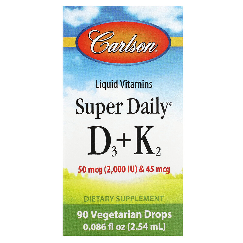 Carlson, Super Daily D3 + K2, 50 мкг (2000 МЕ) и 45 мкг, 2,54 мл (0,086 жидк. Унции)
Carlson, Super Daily D3 + K2, 50 мкг (2000 МЕ) и 45 мкг, 2,54 мл (0,086 жидк. Унции)