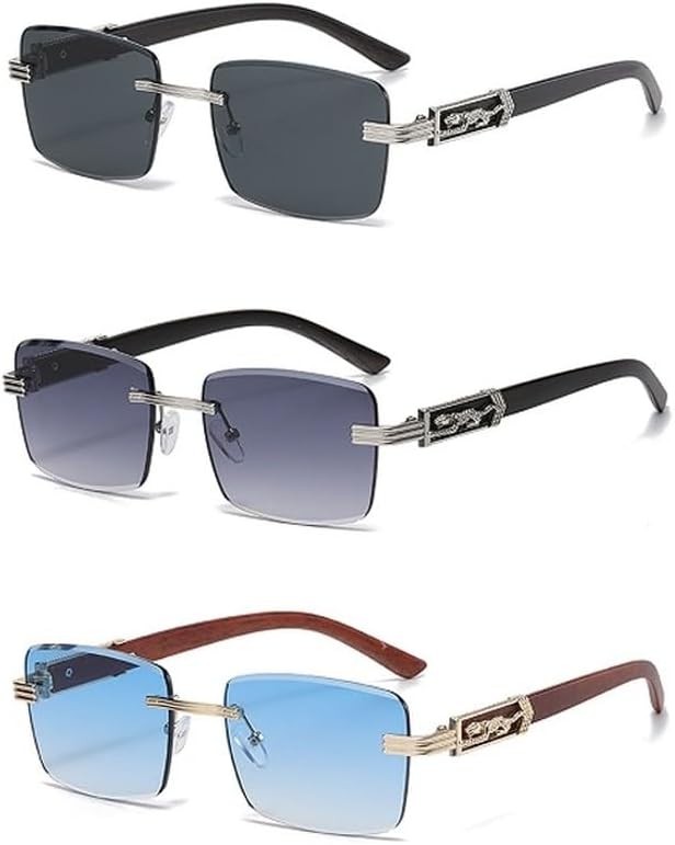 Декоративные солнцезащитные очки с имитацией древесной текстуры и рисунком гепарда, красочные ретро-очки без оправы квадратной формы с металлическим каркасом и изображением головы леопарда GHVWYX, 3pcs Black Grey Blue
Декоративные солнцезащитные очки с имитацией древесной текстуры и рисунком гепарда, красочные ретро-очки без оправы квадратной формы с металлическим каркасом и изображением головы леопарда GHVWYX, 3pcs Black Grey Blue