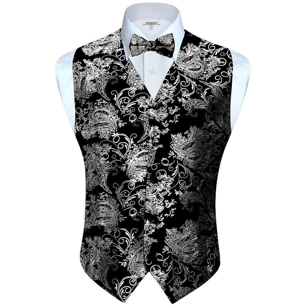 Мужской формальный жилет Gioberti из 4 предметов с узором пейсли, галстук-бабочка и нагрудный платок, цвет Metallic Black Silver
Мужской формальный жилет Gioberti из 4 предметов с узором пейсли, галстук-бабочка и нагрудный платок, цвет Metallic Black Silver