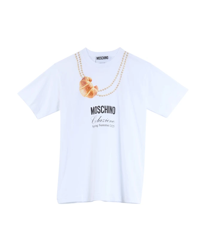 Белая хлопковая футболка с принтом в виде круассанов Moschino, белый
Белая хлопковая футболка с принтом в виде круассанов Moschino, белый