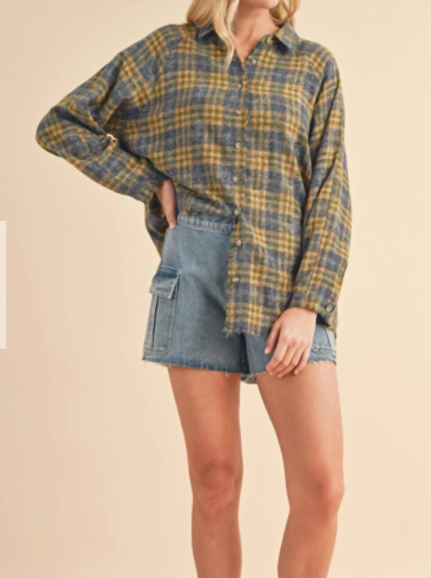 Рубашка с необработанным краем в сине-горчичной клетке WISHLIST
Рубашка с необработанным краем в сине-горчичной клетке WISHLIST