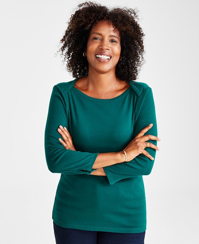 Женский топ из хлопка пима с рукавом 3/4 и вырезом «лодочкой», стандартный и ампер; Миниатюрный Style & Co, зеленый
Женский топ из хлопка пима с рукавом 3/4 и вырезом «лодочкой», стандартный и ампер; Миниатюрный Style & Co, зеленый