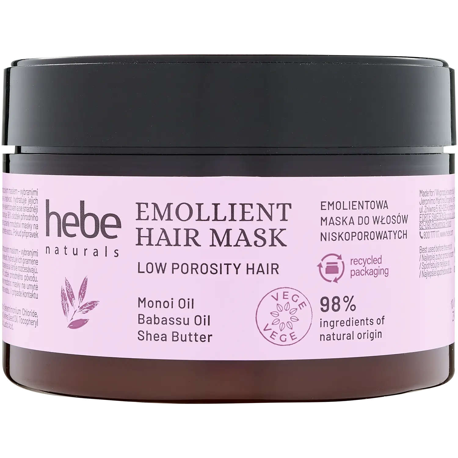 Смягчающая маска для волос с низкой пористостью Hebe Naturals, 230 мл 
Смягчающая маска для волос с низкой пористостью Hebe Naturals, 230 мл