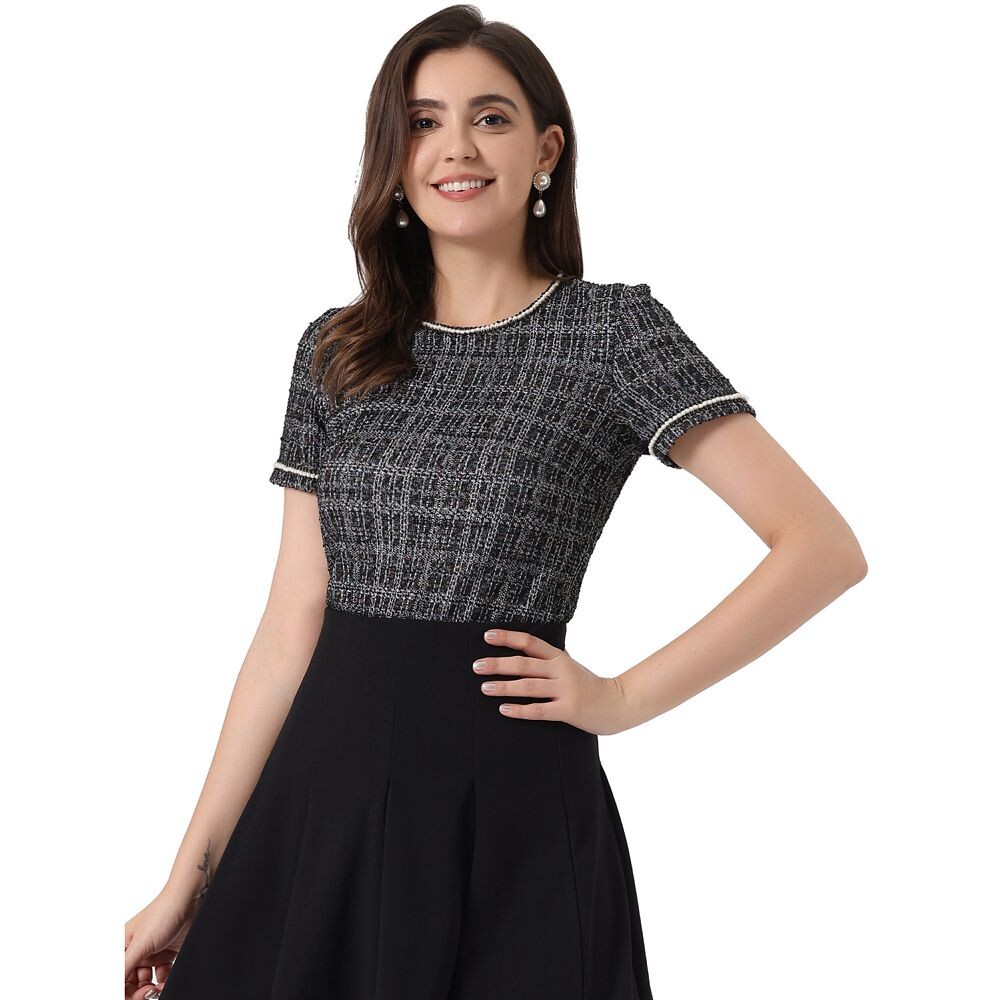 Твидовый топ с короткими рукавами для женщин, повседневная блузка с круглым вырезом и жемчужным украшением ALLEGRA K, цвет Black White
Твидовый топ с короткими рукавами для женщин, повседневная блузка с круглым вырезом и жемчужным украшением ALLEGRA K, цвет Black White