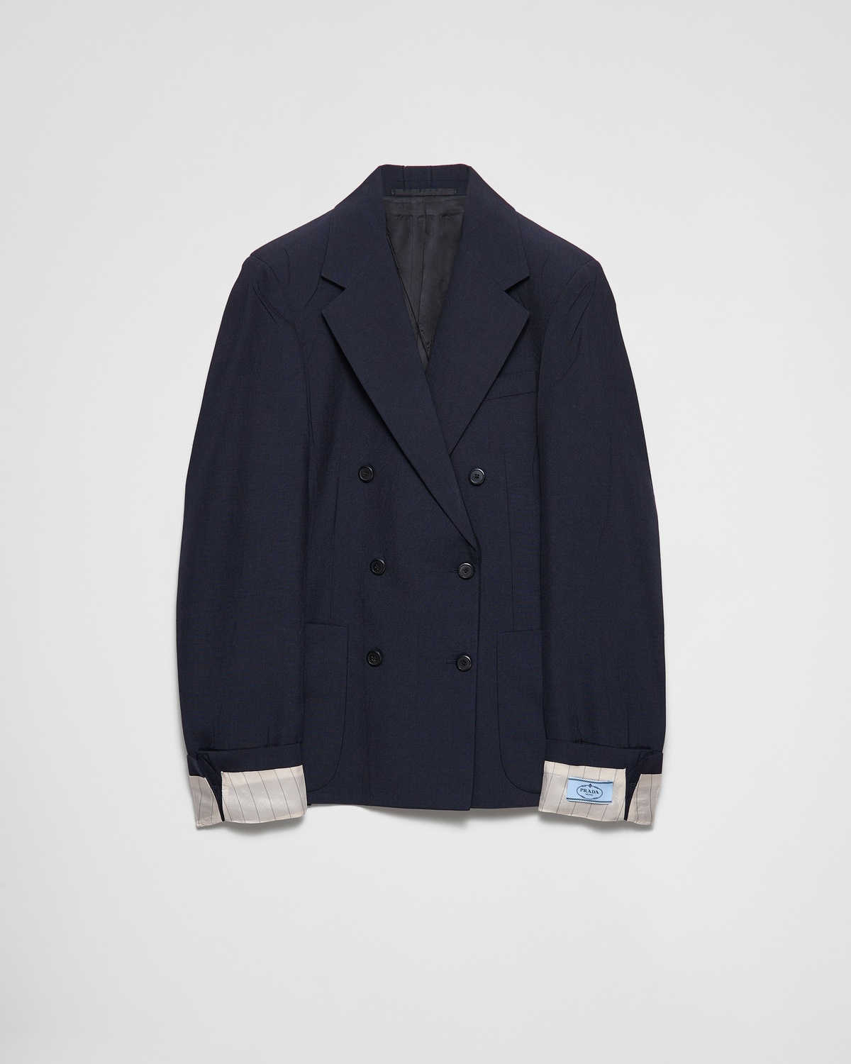 Двубортный пиджак из мохера козленка Prada, синий
Двубортный пиджак из мохера козленка Prada, синий