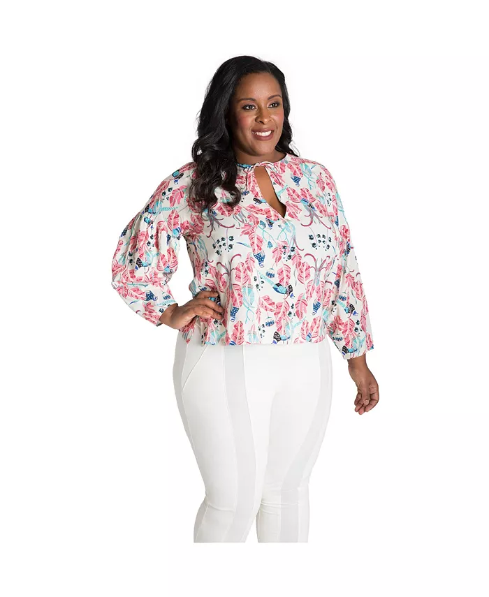 Блузка больших размеров с рукавами-фонариками, завязкой на шее и принтом павлина Poetic Justice, розовый 
Блузка больших размеров с рукавами-фонариками, завязкой на шее и принтом павлина Poetic Justice, розовый