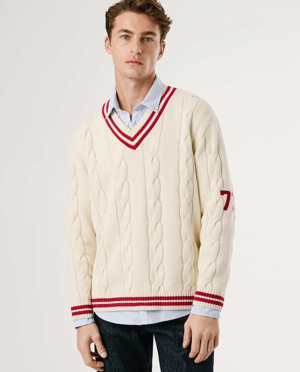 Мужской джемпер с воротником-стойкой из трикотажного полотна Pepe Jeans, кремовый 
Мужской джемпер с воротником-стойкой из трикотажного полотна Pepe Jeans, кремовый