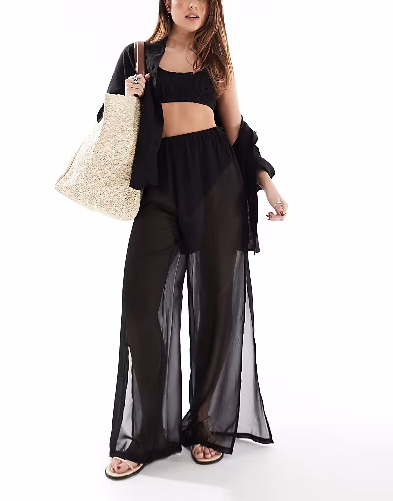 Потертые прозрачные пляжные брюки широкого кроя с разрезами по бокам черного цвета Threadbare
Потертые прозрачные пляжные брюки широкого кроя с разрезами по бокам черного цвета Threadbare