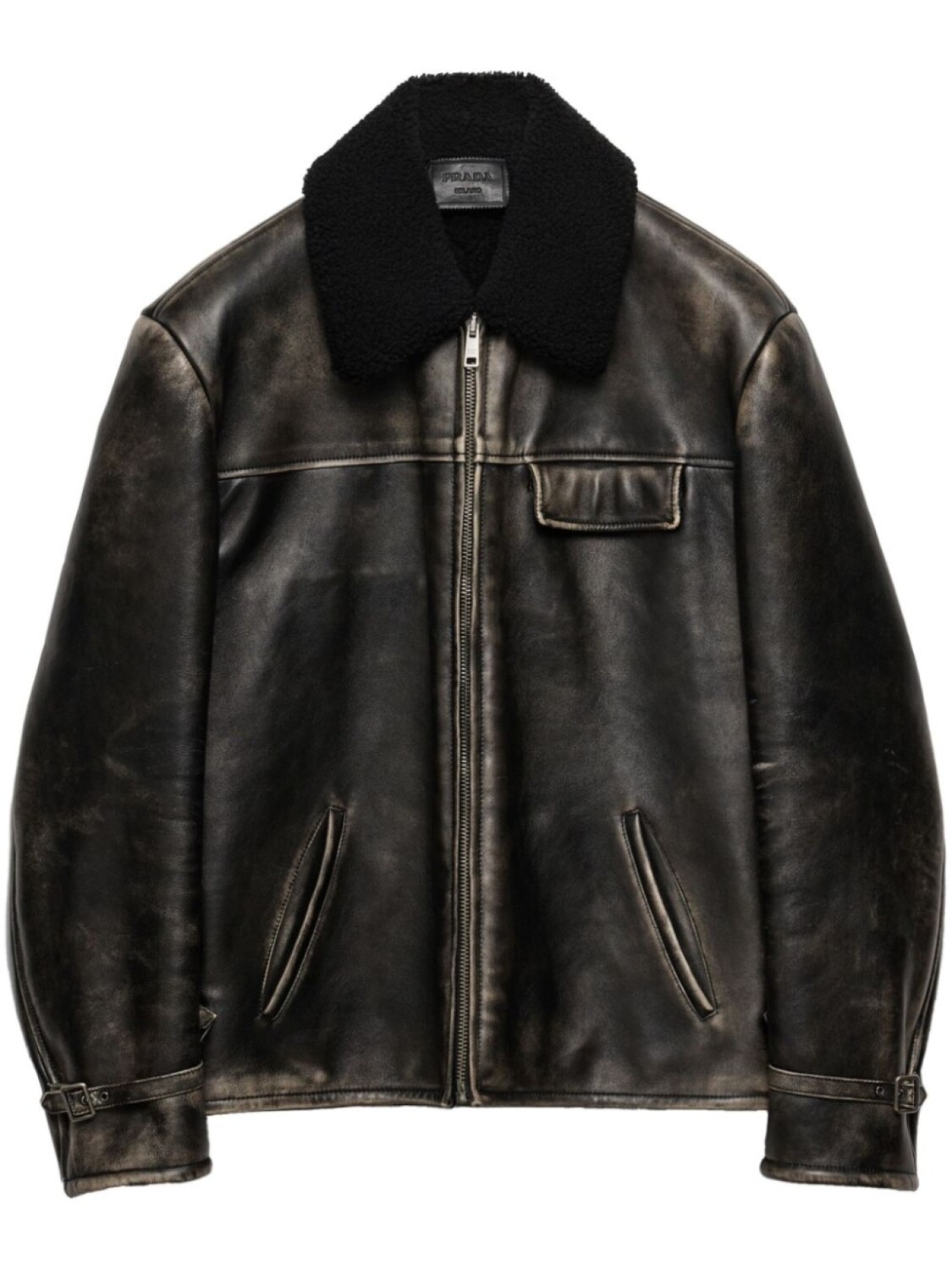 Кожаная куртка с воротником из овчины Prada, черный 
Кожаная куртка с воротником из овчины Prada, черный
