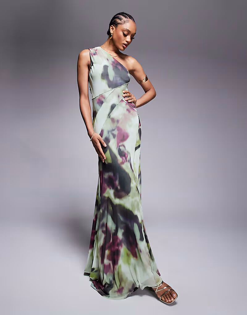 ASOS DESIGN Длинное сетчатое платье макси на одно плечо с открытыми швами и широким подолом с абстрактным принтом тай-дай ASOS Tall