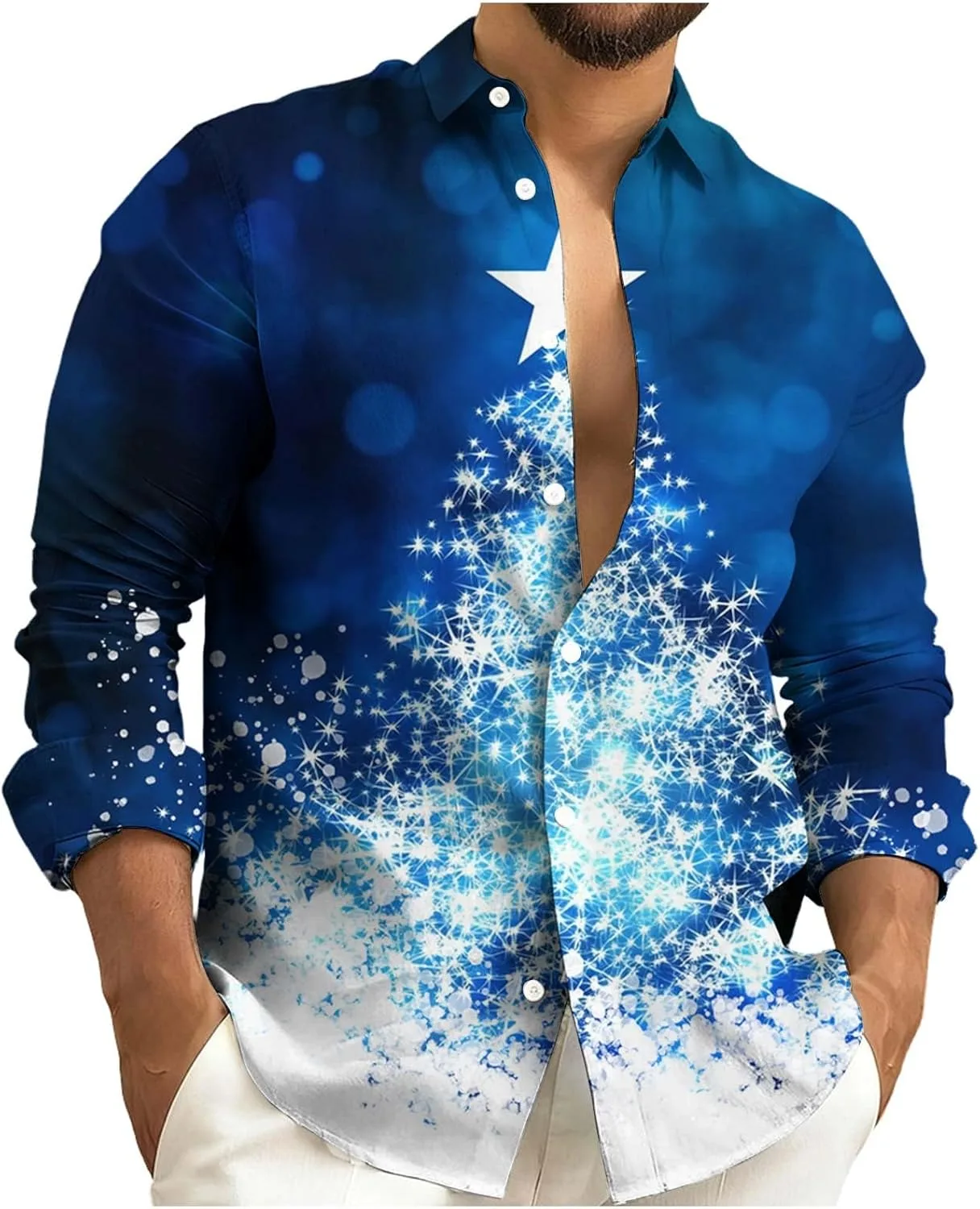 Мужская рождественская рубашка с принтом в виде елки, блестящая, на пуговицах
Мужская рождественская рубашка с принтом в виде елки, блестящая, на пуговицах