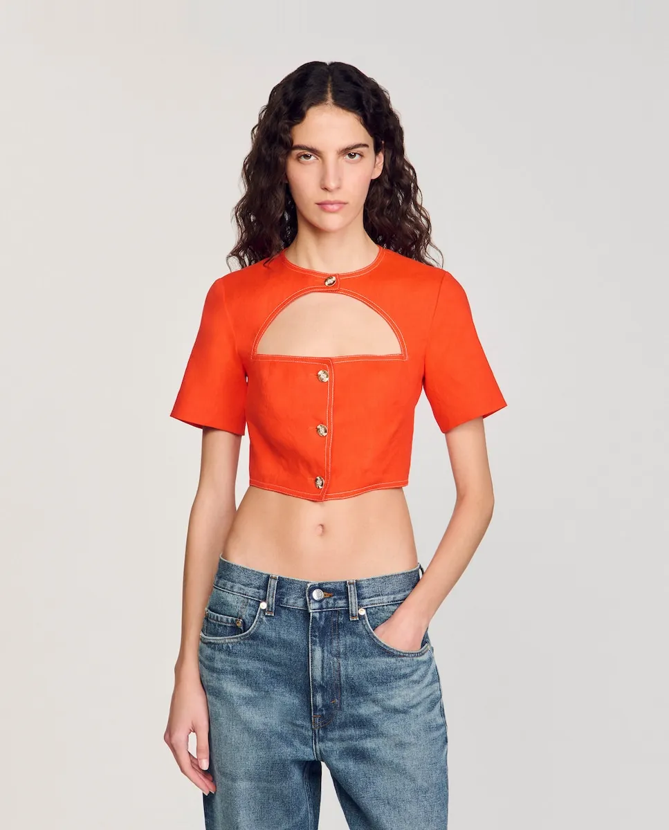 Женский укороченный топ с вырезом Sandro, оранжевый 
Женский укороченный топ с вырезом Sandro, оранжевый