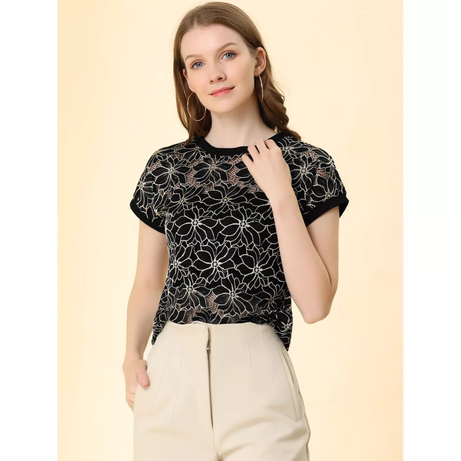 Женский повседневный прозрачный кружевной топ с короткими рукавами и цветочным принтом ALLEGRA K, белый
Женский повседневный прозрачный кружевной топ с короткими рукавами и цветочным принтом ALLEGRA K, белый