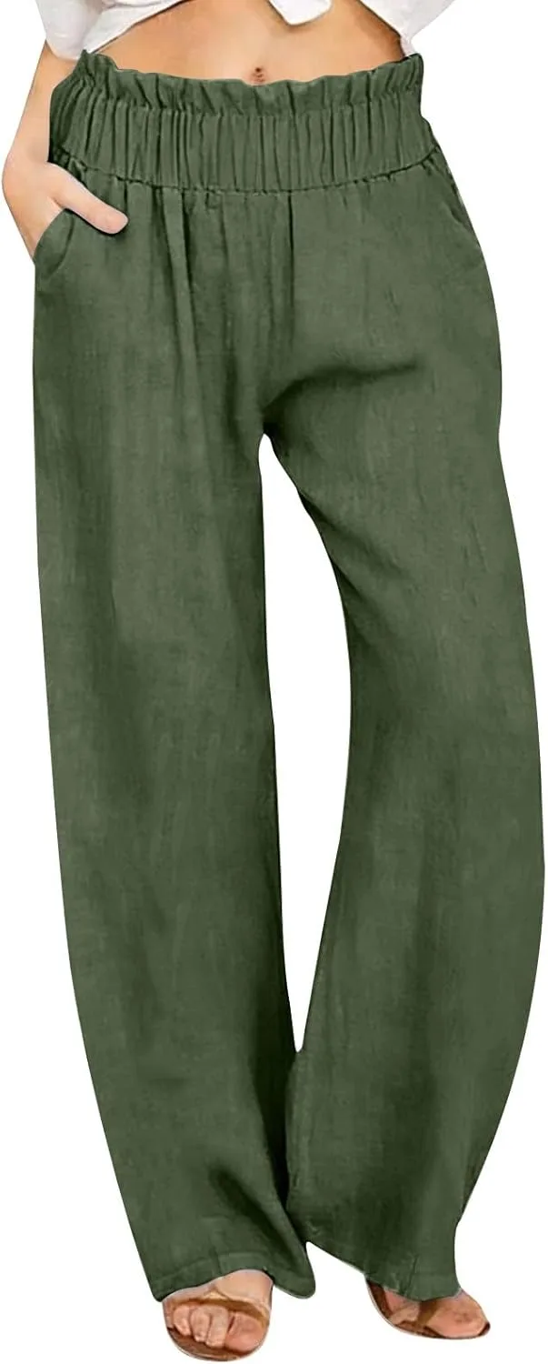 Женские хлопковые льняные брюки с высокой талией и широкими штанинами
Женские хлопковые льняные брюки с высокой талией и широкими штанинами