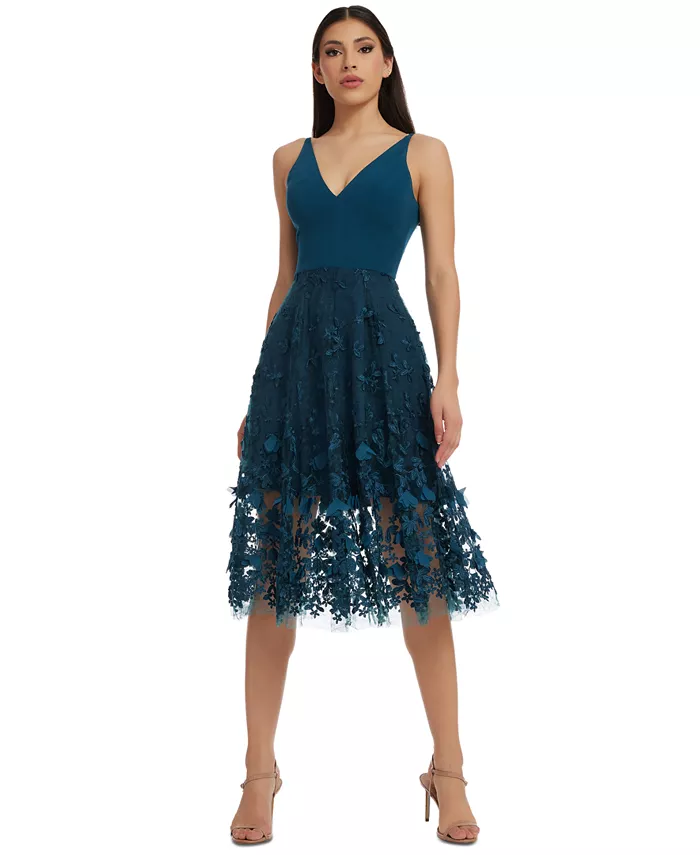 Платье с глубоким вырезом Darleen, силуэт "приталенный-клеш" Dress the Population, синий 
Платье с глубоким вырезом Darleen, силуэт "приталенный-клеш" Dress the Population, синий